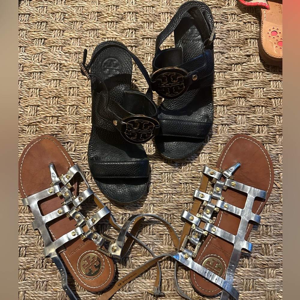 Tory Burch Black Wedge Sandals and Silver abd Gold Gladiator Sandals - Size 6
